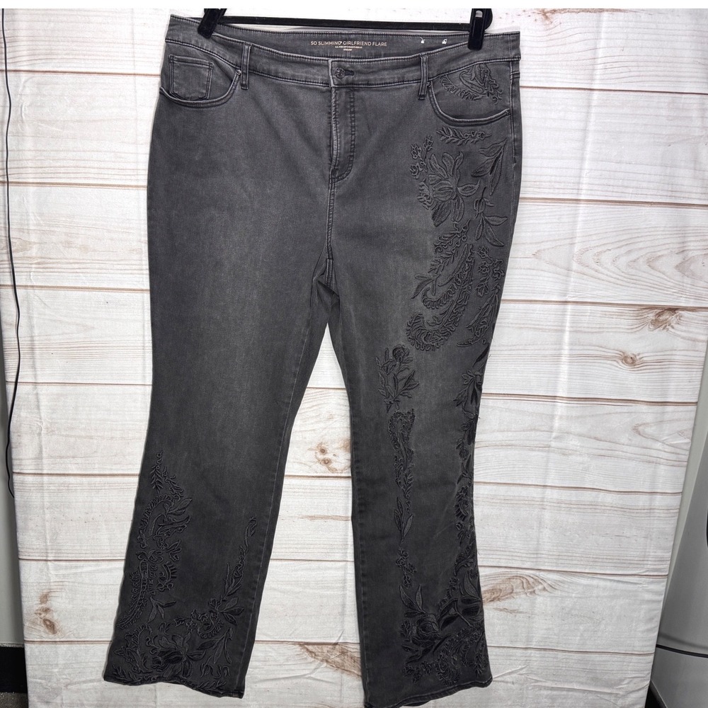 Chico's Embroidered So Slimming Girlfriend Flare Charcoal Jeans Size US 20T